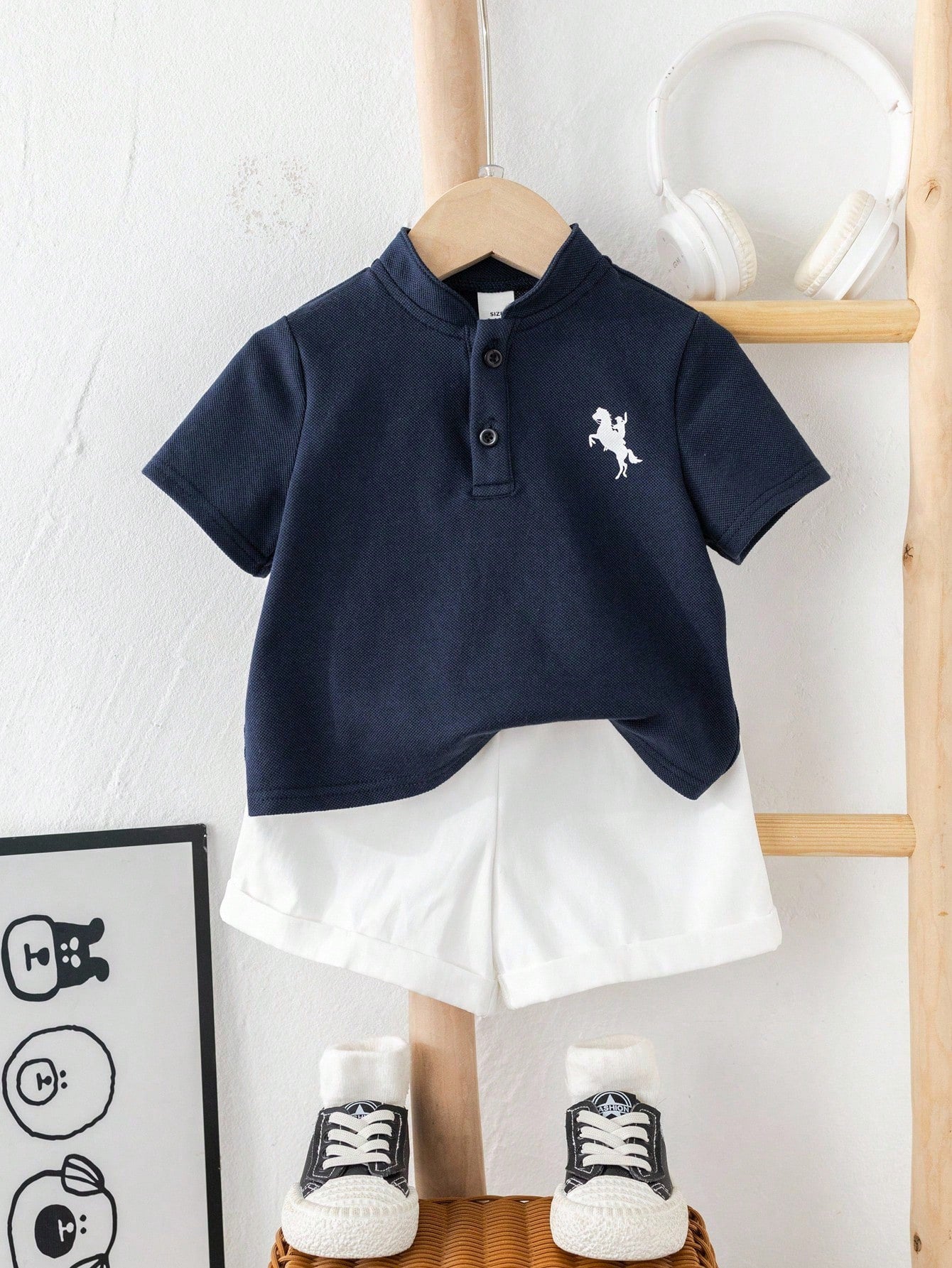 2pcs Boys Piqué Polo & Belted Shorts Set - Midnight