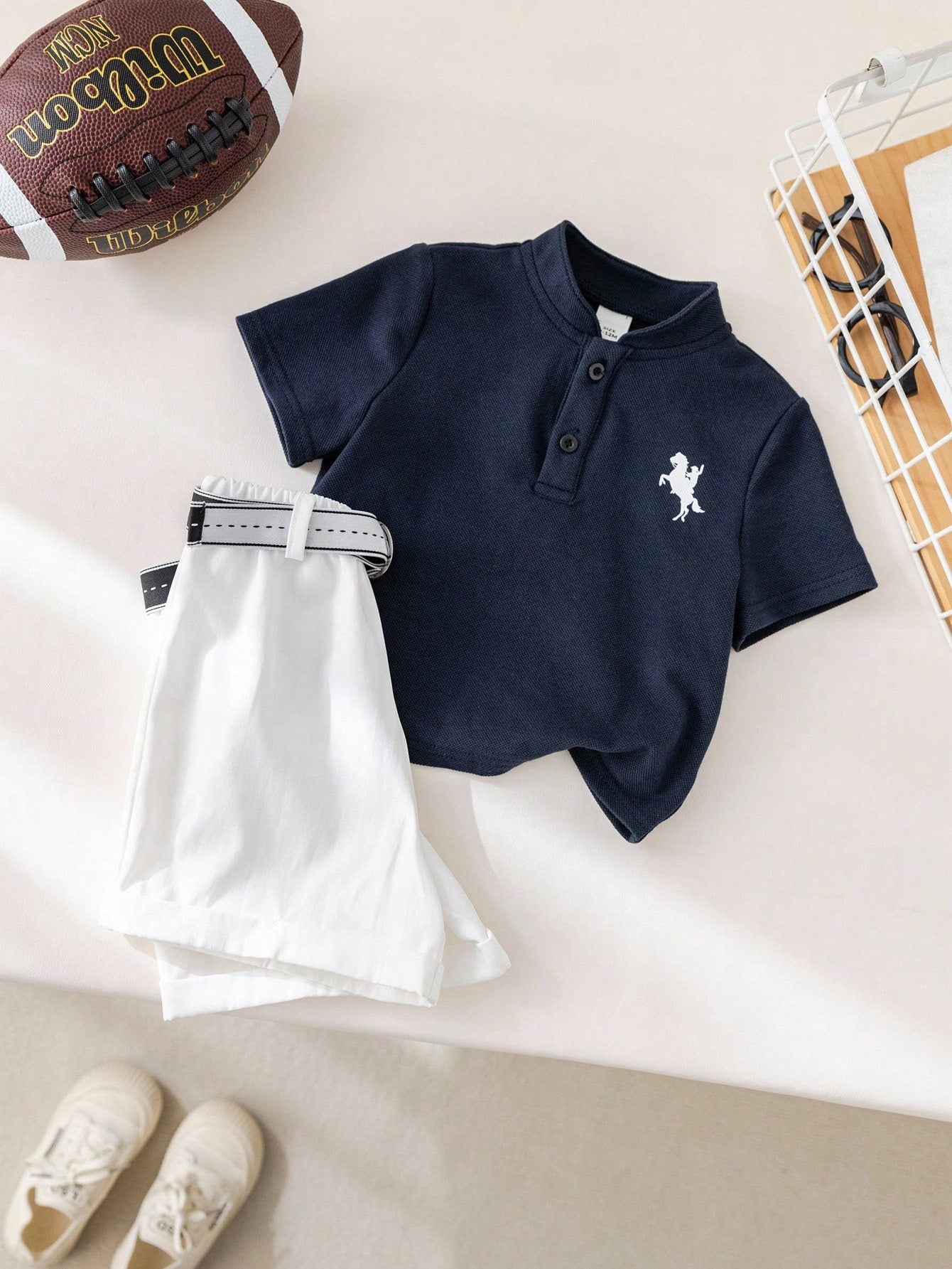2pcs Boys Piqué Polo & Belted Shorts Set - Midnight