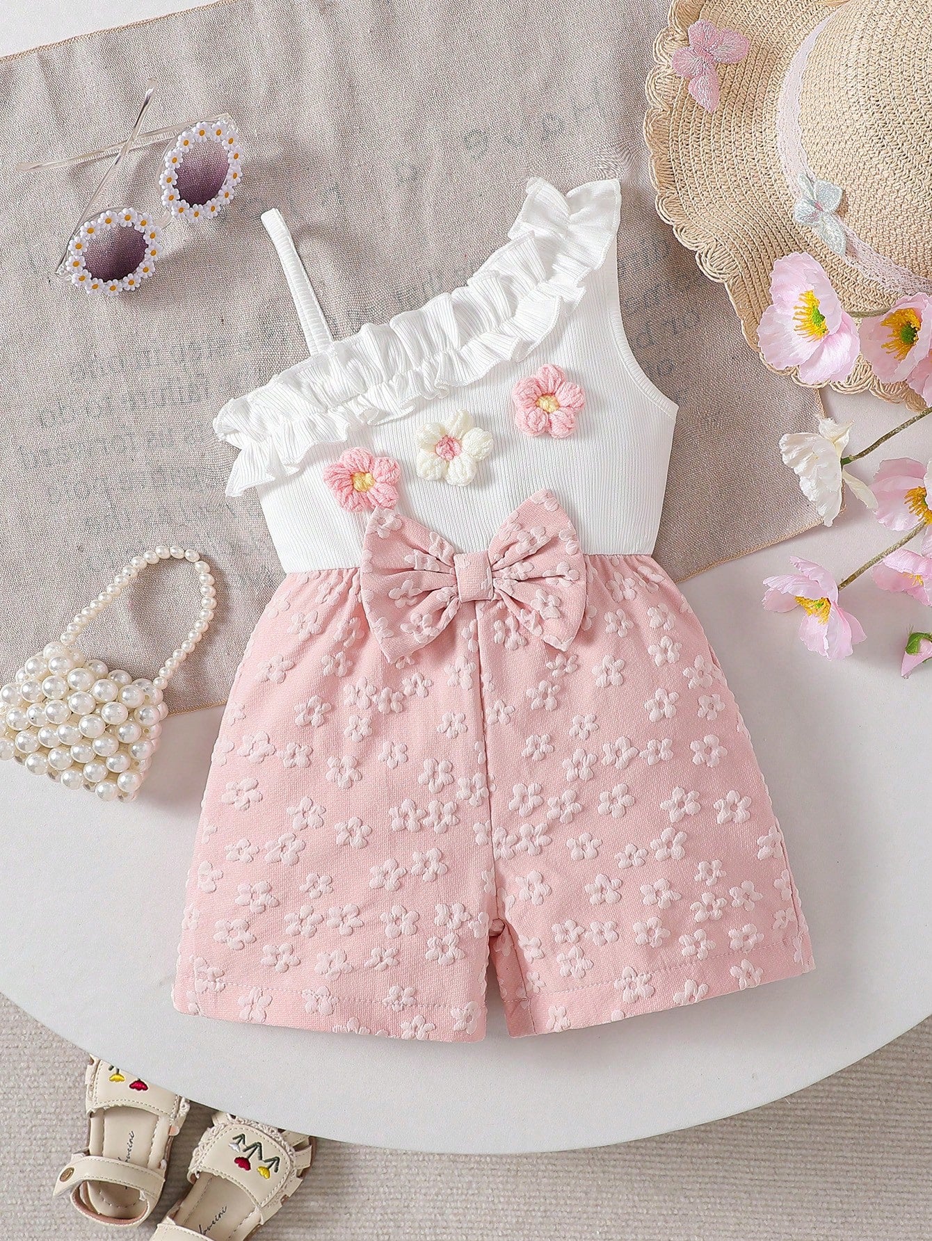 Baby Girls 3D Floral Ruffle Asymmetric Romper - Blush