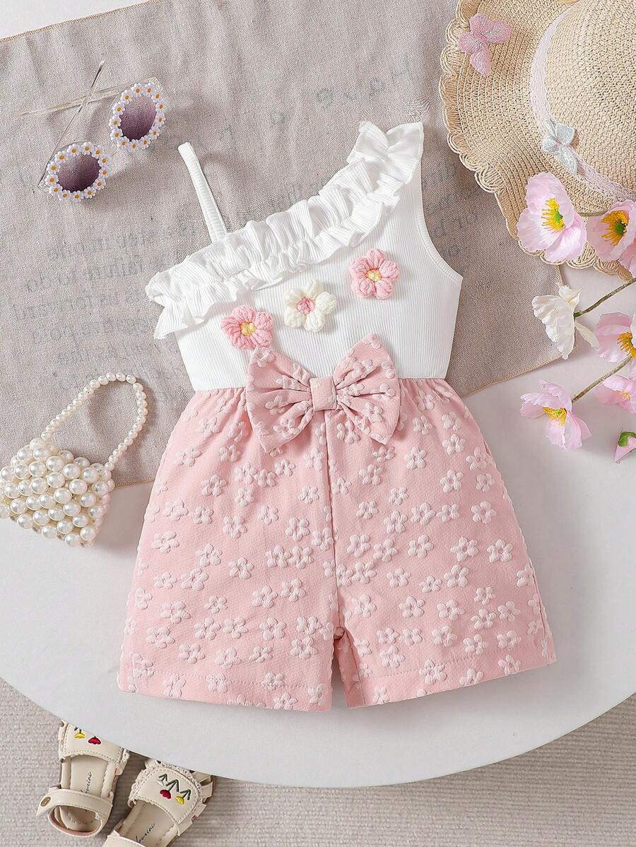 Baby Girls 3D Floral Ruffle Asymmetric Romper - Blush