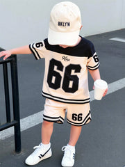 2pcs Boys Varsity Number Print Tee & Shorts Set - Ecru