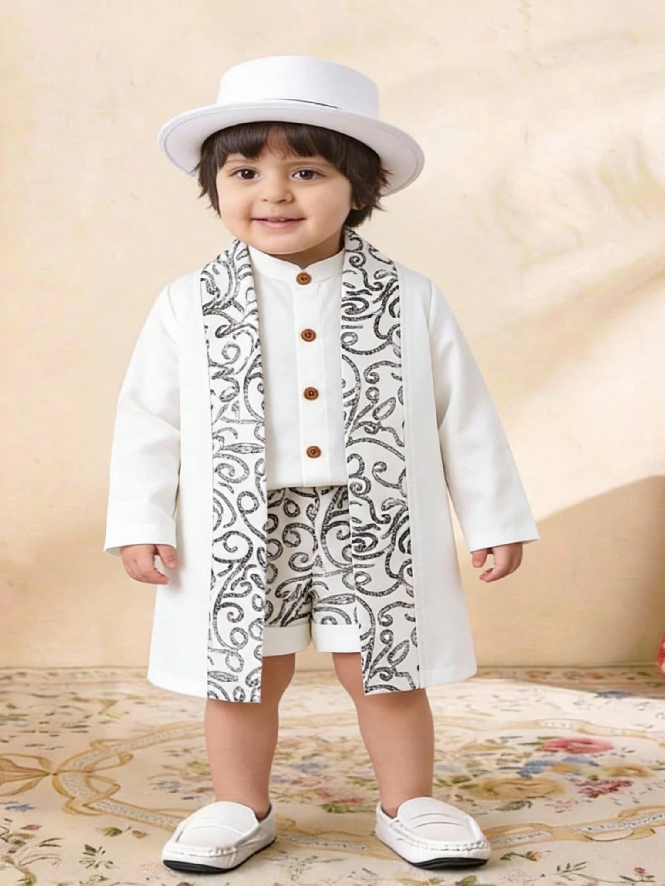 3pcs Boys Baroque Print Robe, Shirt & Shorts Set - Ivory | 21 Centu...