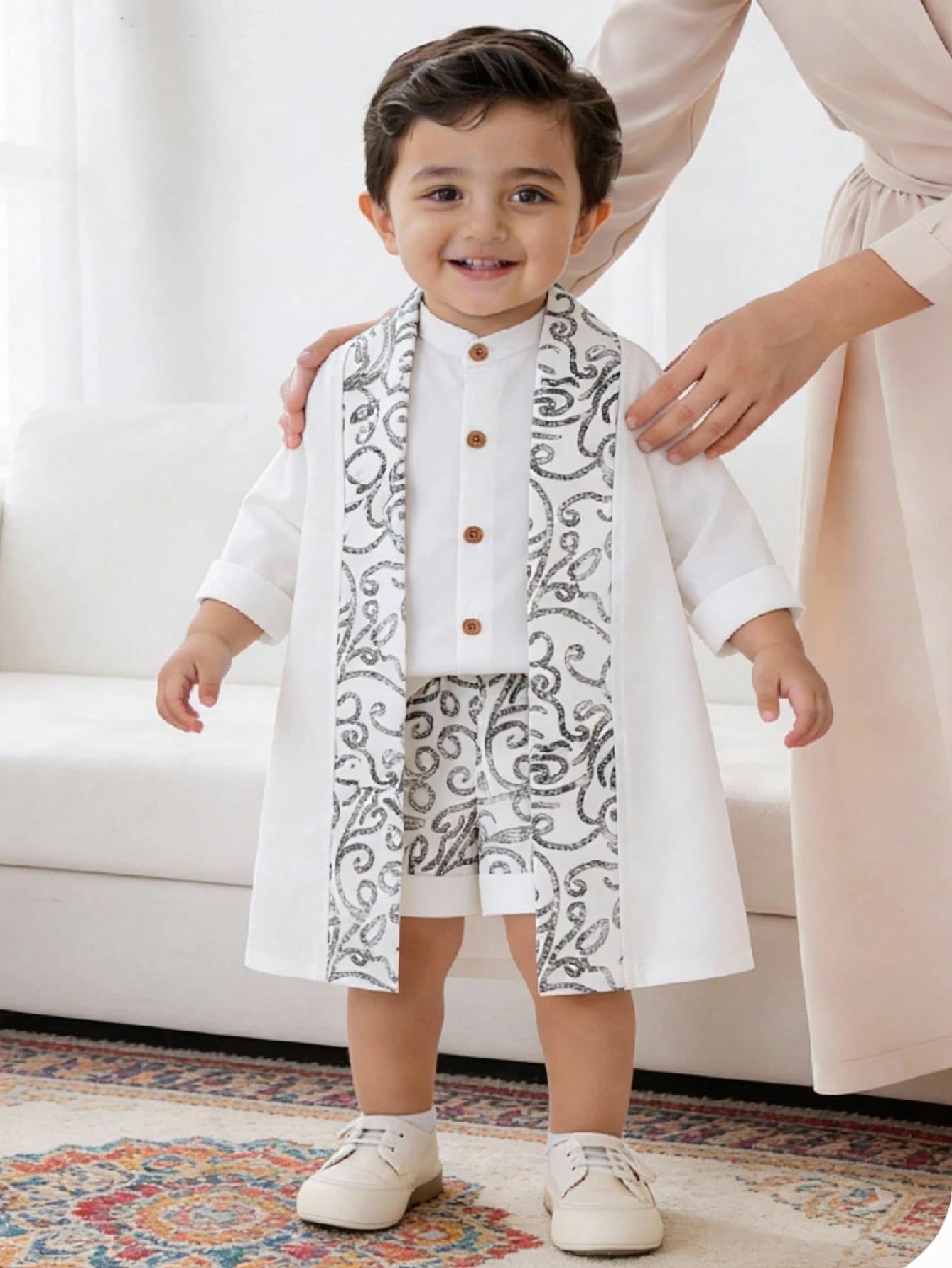 3pcs Boys Baroque Print Robe, Shirt & Shorts Set - Ivory | 21 Centu...
