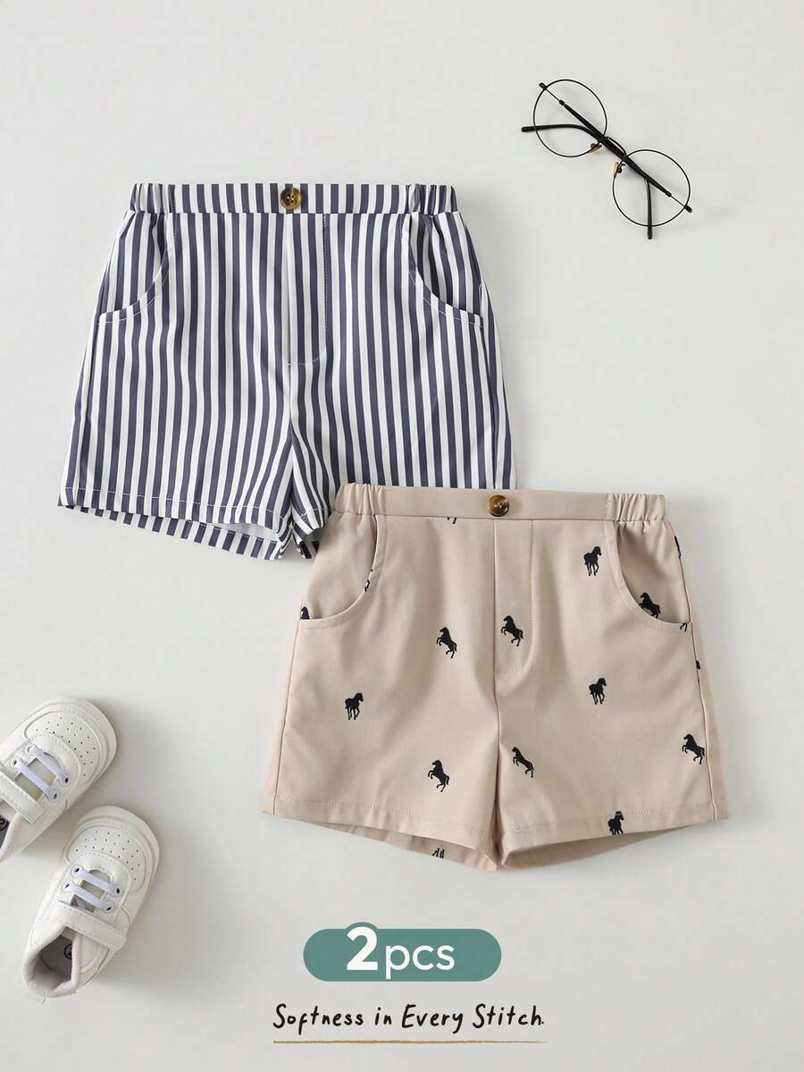 2pcs Boys Striped & Horse Print Chino Shorts Set - Slate | 21 Centu...