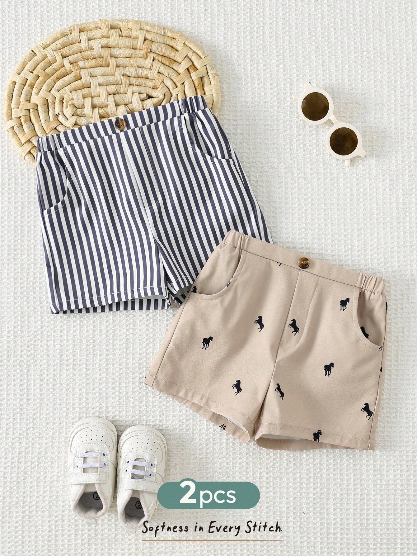 2pcs Boys Striped & Horse Print Chino Shorts Set - Slate | 21 Centu...