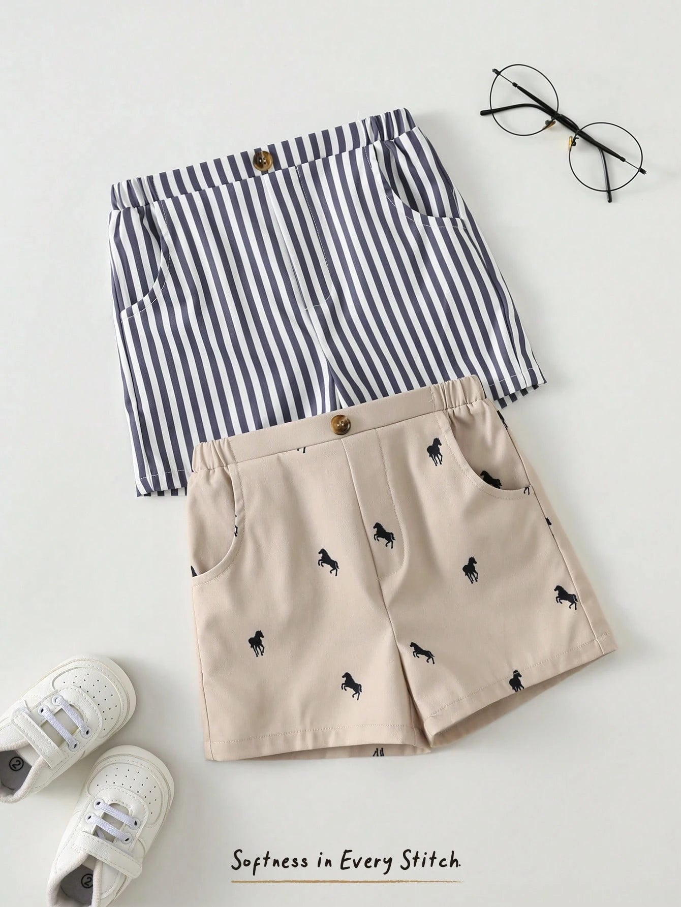 2pcs Boys Striped & Horse Print Chino Shorts Set - Slate | 21 Centu...