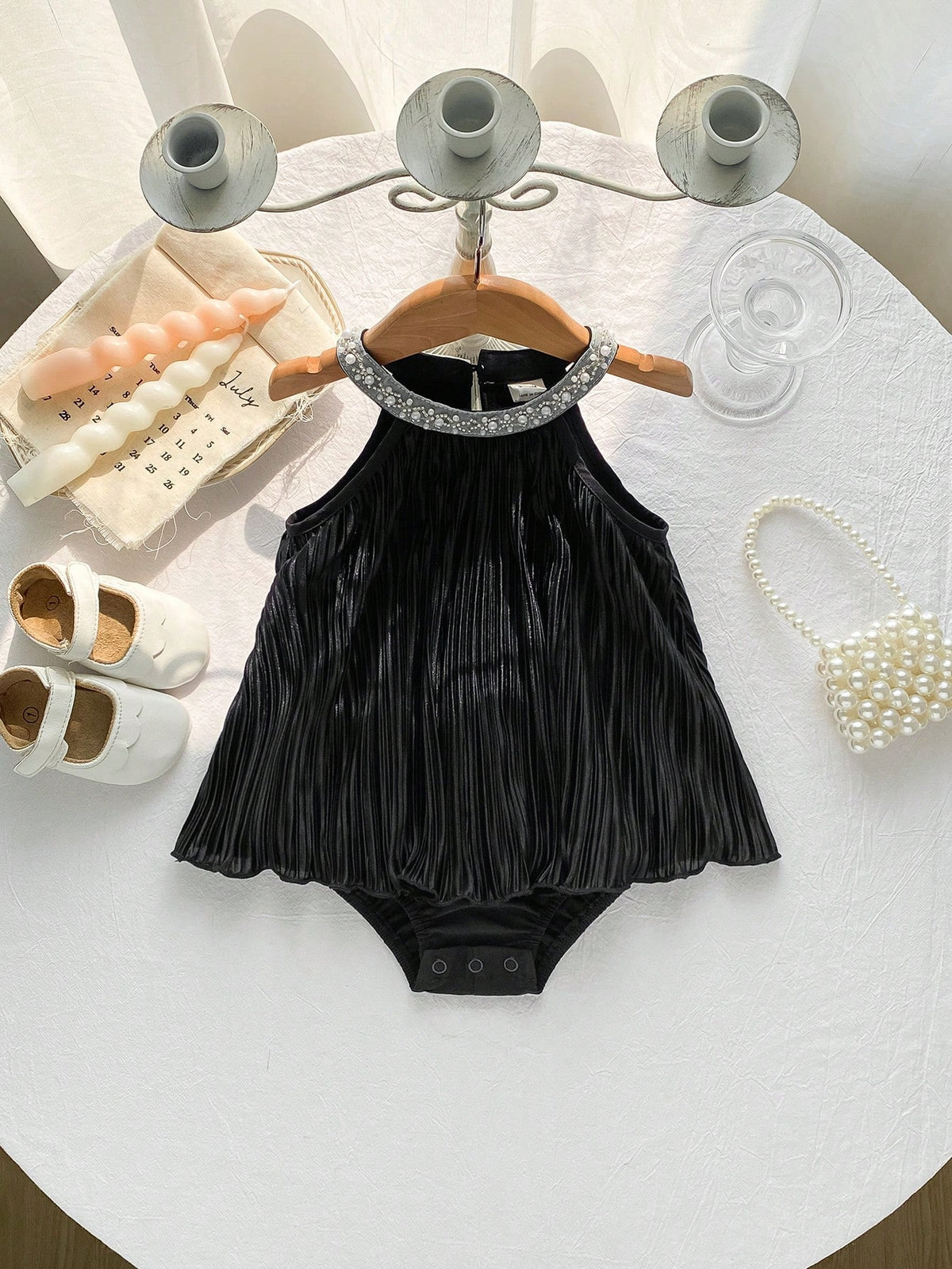 Baby Girls Pearl Collar Pleated Velvet Romper - Onyx
