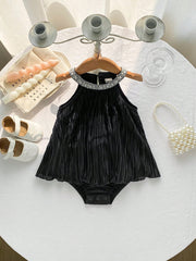 Baby Girls Pearl Collar Pleated Velvet Romper - Onyx