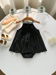 Baby Girls Pearl Collar Pleated Velvet Romper - Onyx