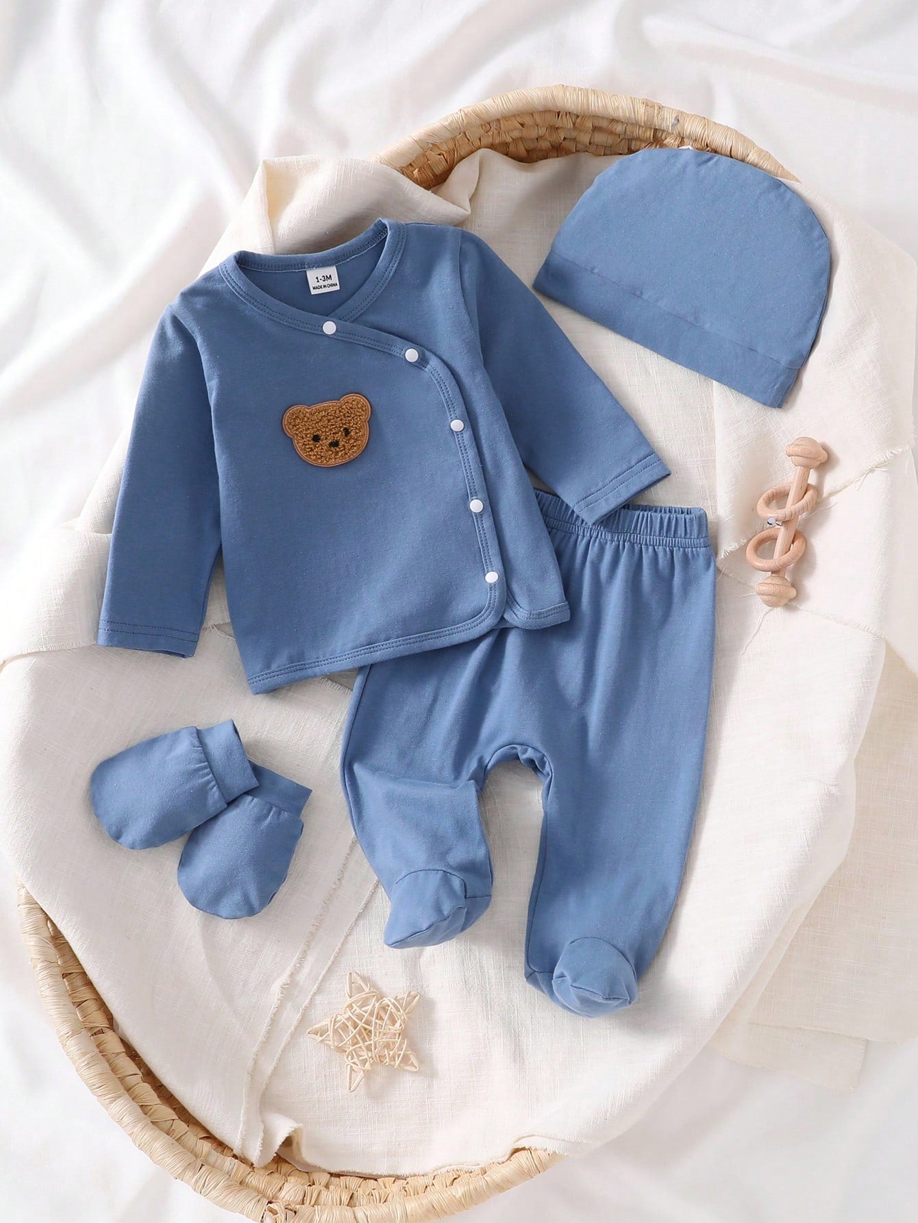 4pcs Baby Boys Bear Appliqué Wrap Top & Footed Pants Set - Slate Bl...