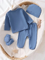 4pcs Baby Boys Bear Appliqué Wrap Top & Footed Pants Set - Slate Bl...