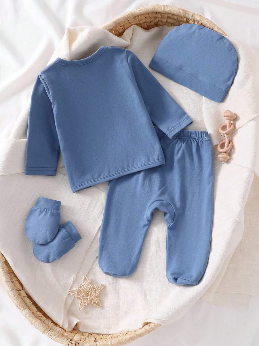 4pcs Baby Boys Bear Appliqué Wrap Top & Footed Pants Set - Slate Bl...