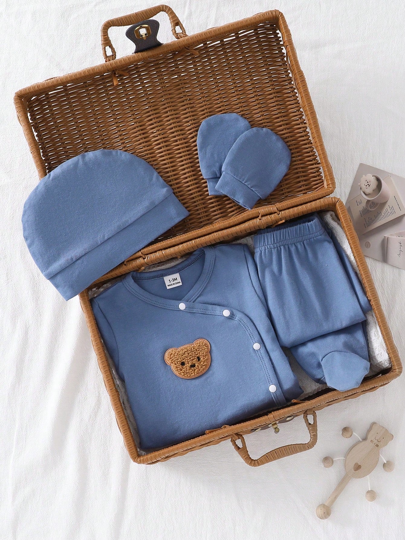 4pcs Baby Boys Bear Appliqué Wrap Top & Footed Pants Set - Slate Bl...