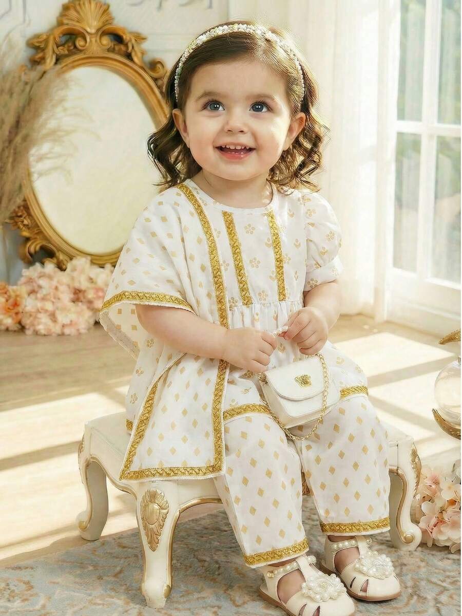 2pcs Girls Gold Print Puff Sleeve Top & Pants Set - Ivory | 21 Cent...