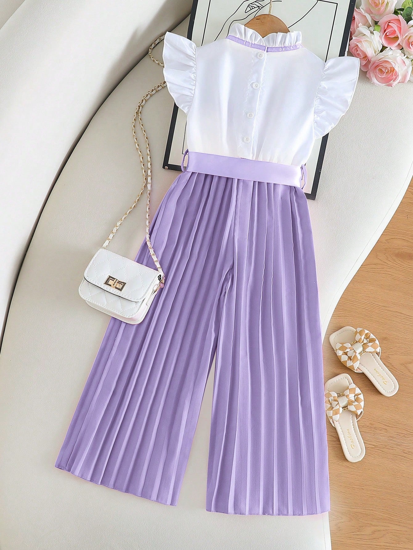 2pcs Girls Ruffle Cap Sleeve Top & Pleated Wide-Leg Pants - Wisteri...