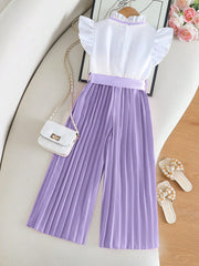 2pcs Girls Ruffle Cap Sleeve Top & Pleated Wide-Leg Pants - Wisteri...
