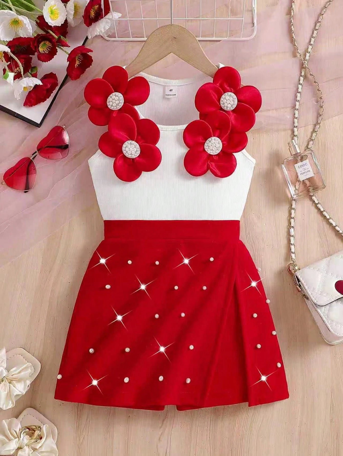 2pcs Little Girls 3D Floral Pearl-Beaded Tank Top & Skirt Set - Sca...