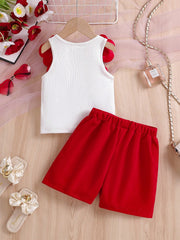 2pcs Little Girls 3D Floral Pearl-Beaded Tank Top & Skirt Set - Sca...