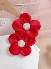 2pcs Little Girls 3D Floral Pearl-Beaded Tank Top & Skirt Set - Sca...