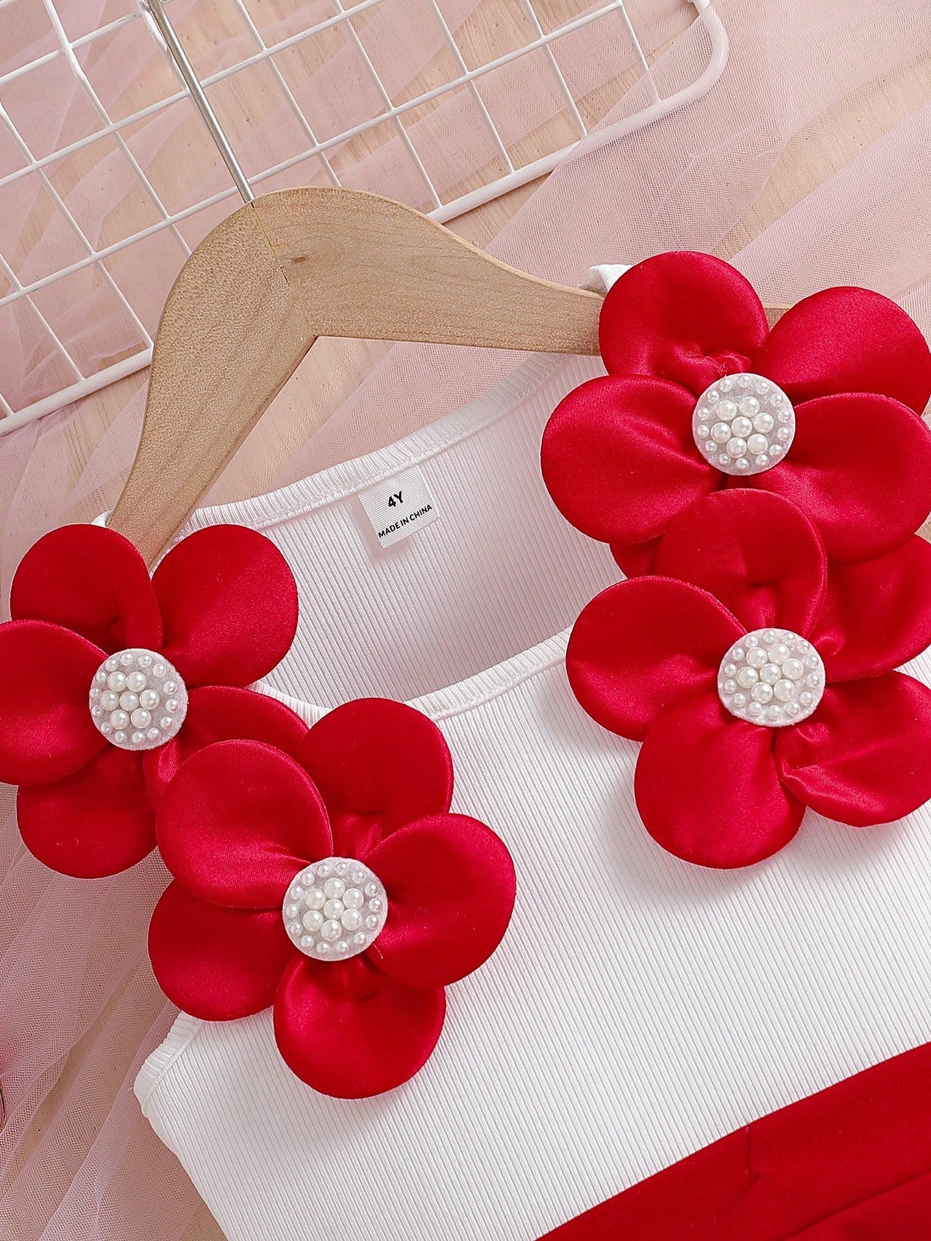 2pcs Little Girls 3D Floral Pearl-Beaded Tank Top & Skirt Set - Sca...