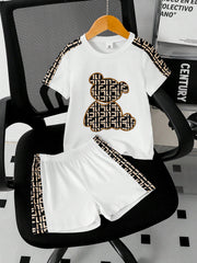 2pcs Boys Monogram Bear Graphic Tee & Shorts Set - Ivory