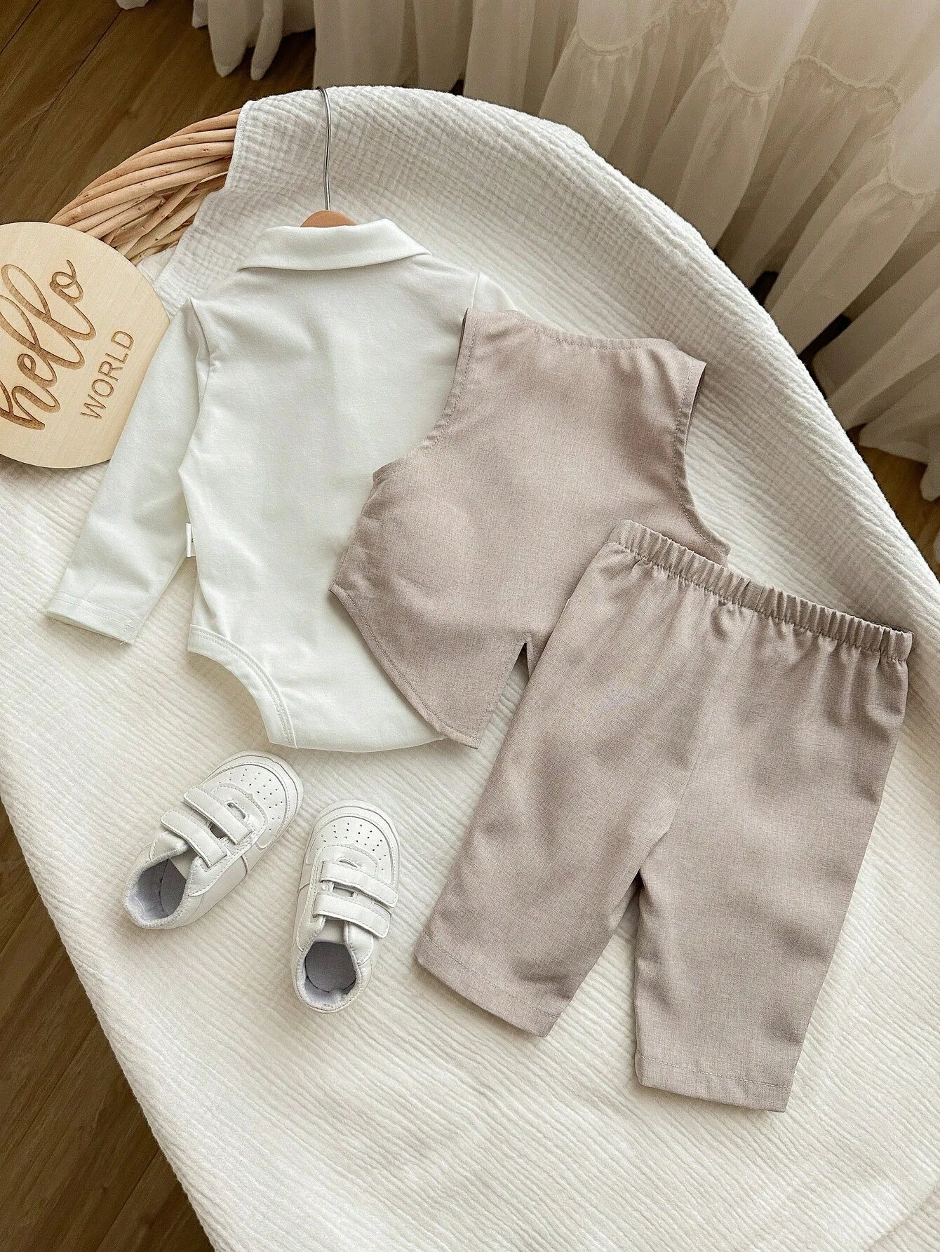 3pcs Baby Boys Monogram Vest, Romper & Trousers Set - Greige | 21 C...