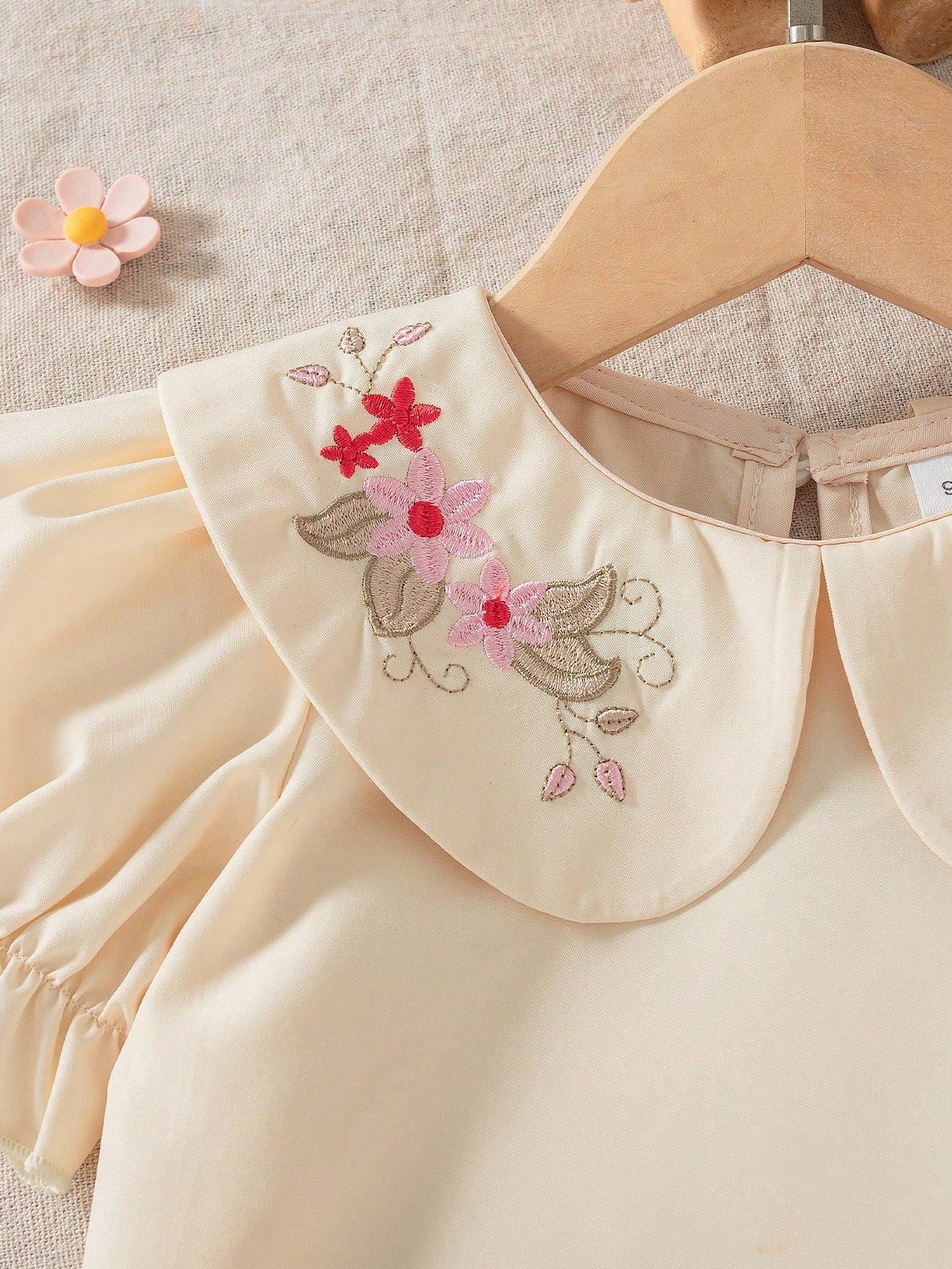 2pcs Girls Embroidered Peter Pan Collar Blouse & Wide-Leg Pants - Ivory