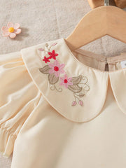 2pcs Girls Embroidered Peter Pan Collar Blouse & Wide-Leg Pants - Ivory