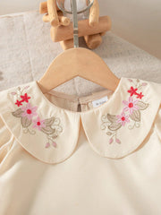 2pcs Girls Embroidered Peter Pan Collar Blouse & Wide-Leg Pants - Ivory