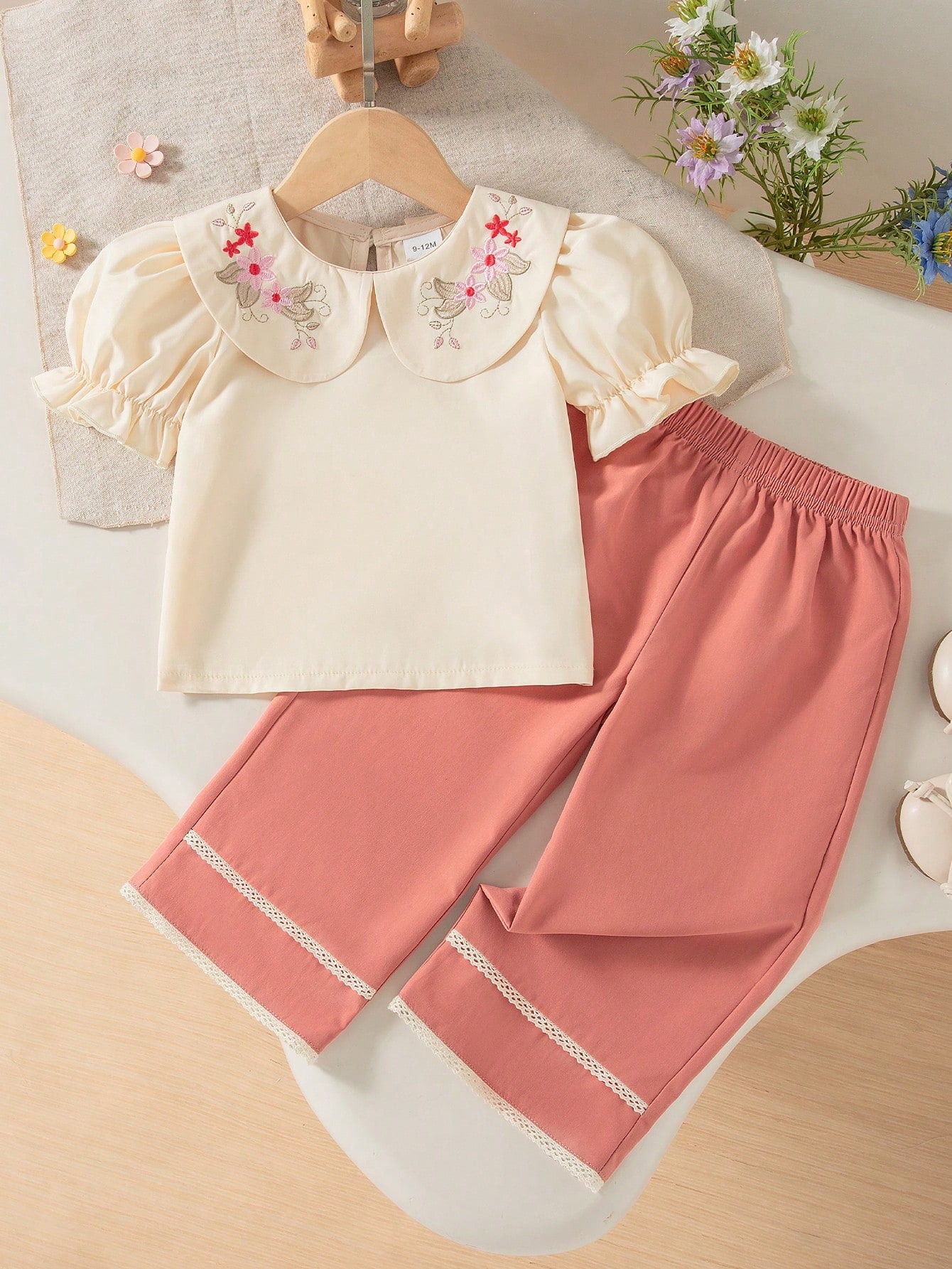 2pcs Girls Embroidered Peter Pan Collar Blouse & Wide-Leg Pants - Ivory