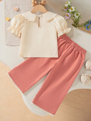 2pcs Girls Embroidered Peter Pan Collar Blouse & Wide-Leg Pants - Ivory