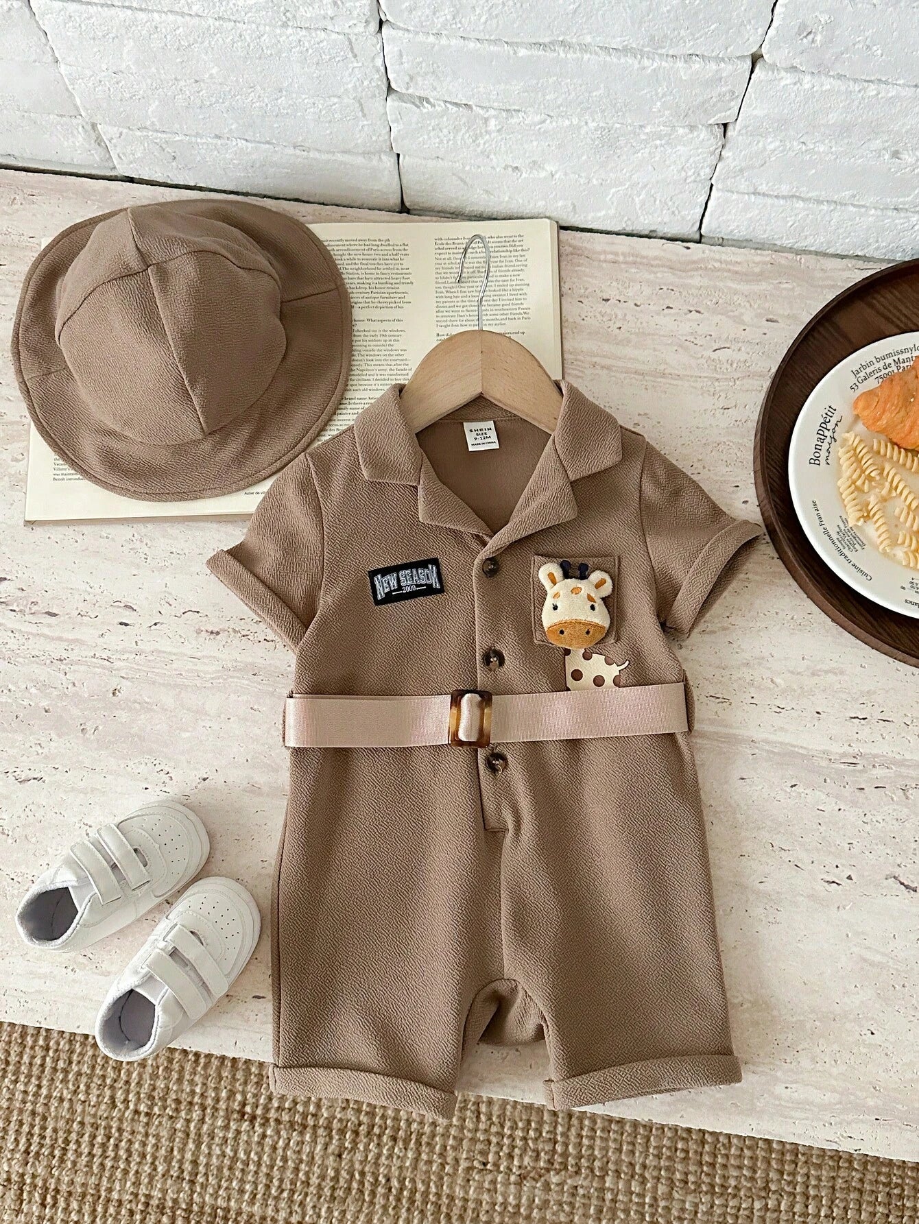 2pcs Unisex Safari Romper & Bucket Hat Set - Latte | 21 Century Kids