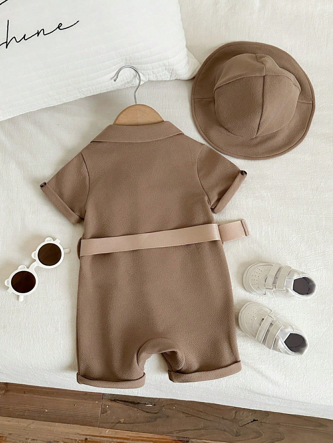 2pcs Unisex Safari Romper & Bucket Hat Set - Latte | 21 Century Kids