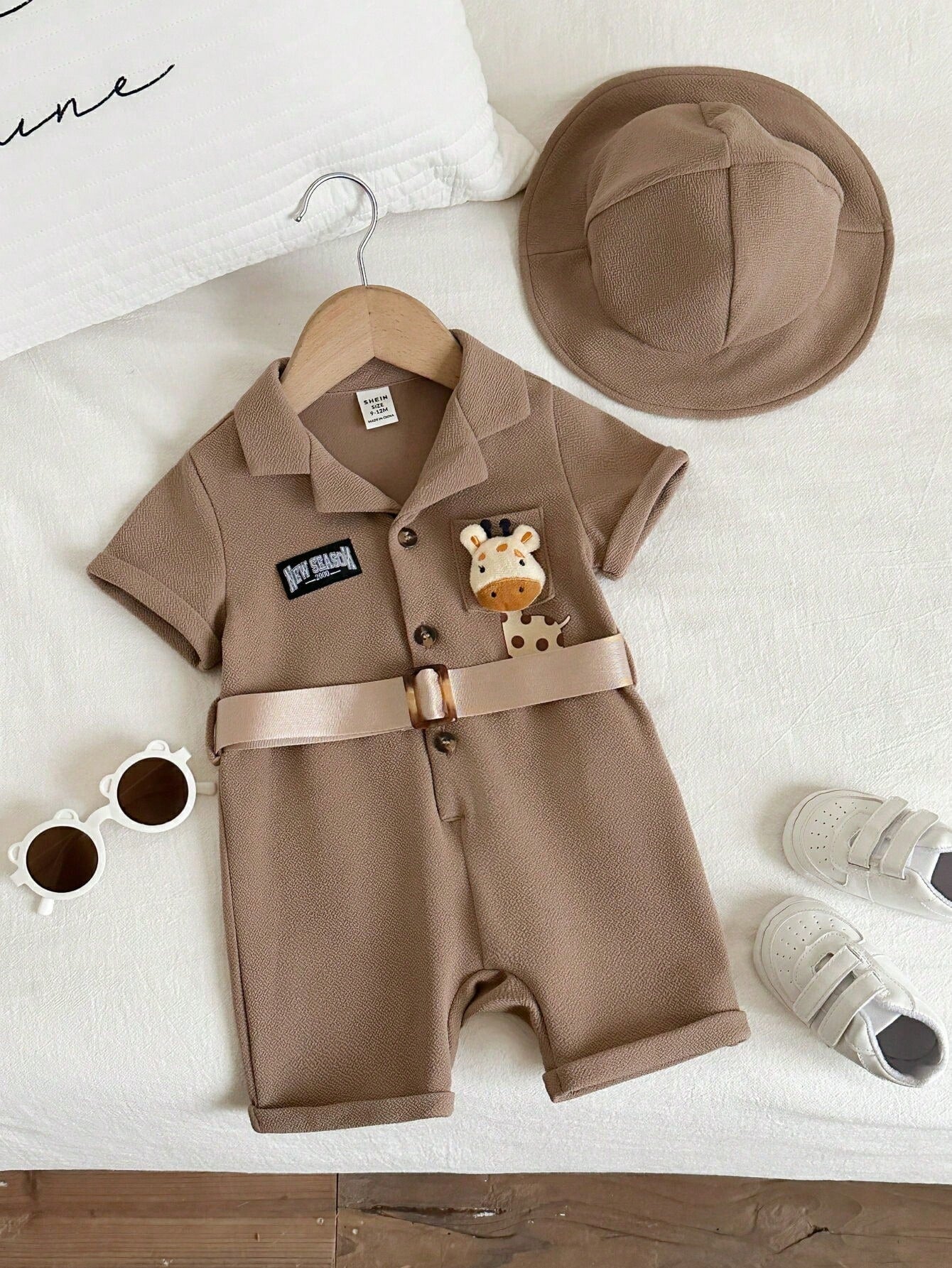 2pcs Unisex Safari Romper & Bucket Hat Set - Latte | 21 Century Kids