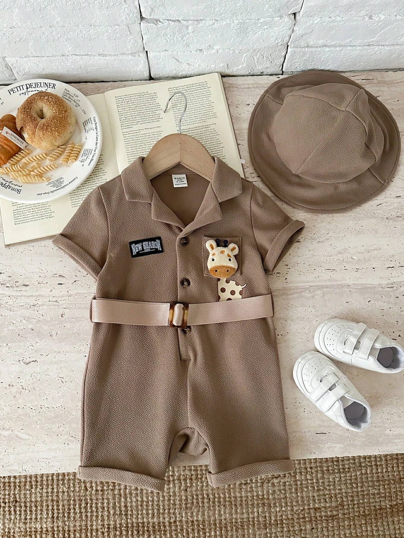 2pcs Unisex Safari Romper & Bucket Hat Set - Latte | 21 Century Kids
