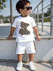 2pcs Boys Monogram Bear Graphic Tee & Shorts Set - Ivory