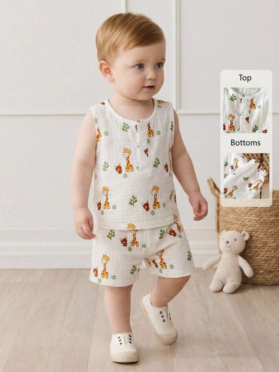 2pcs Boys Giraffe Print Muslin Tank Top & Shorts Set - Ivory | 21 C...