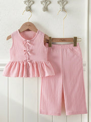 2pcs Girls Bow Detail Peplum Top & Wide-Leg Pants Set - Blush | 21 ...