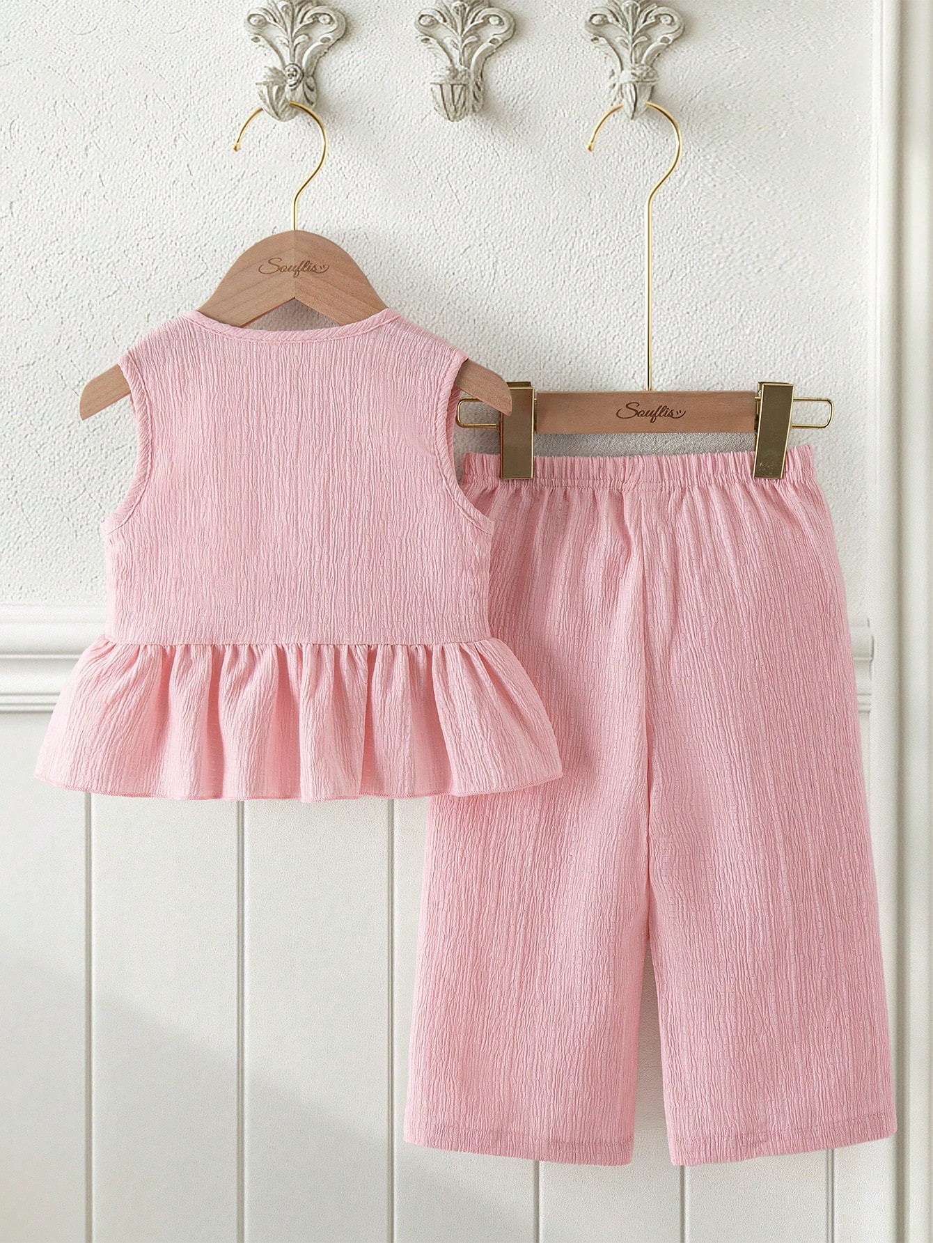 2pcs Girls Bow Detail Peplum Top & Wide-Leg Pants Set - Blush | 21 ...