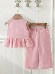 2pcs Girls Bow Detail Peplum Top & Wide-Leg Pants Set - Blush | 21 ...