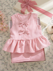 2pcs Girls Bow Detail Peplum Top & Wide-Leg Pants Set - Blush | 21 ...