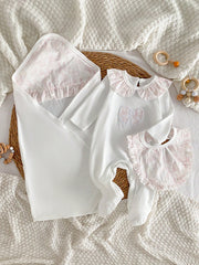 3pcs Baby Girls Floral Ruffle Collar Footed Sleepsuit Set - Ivory |...