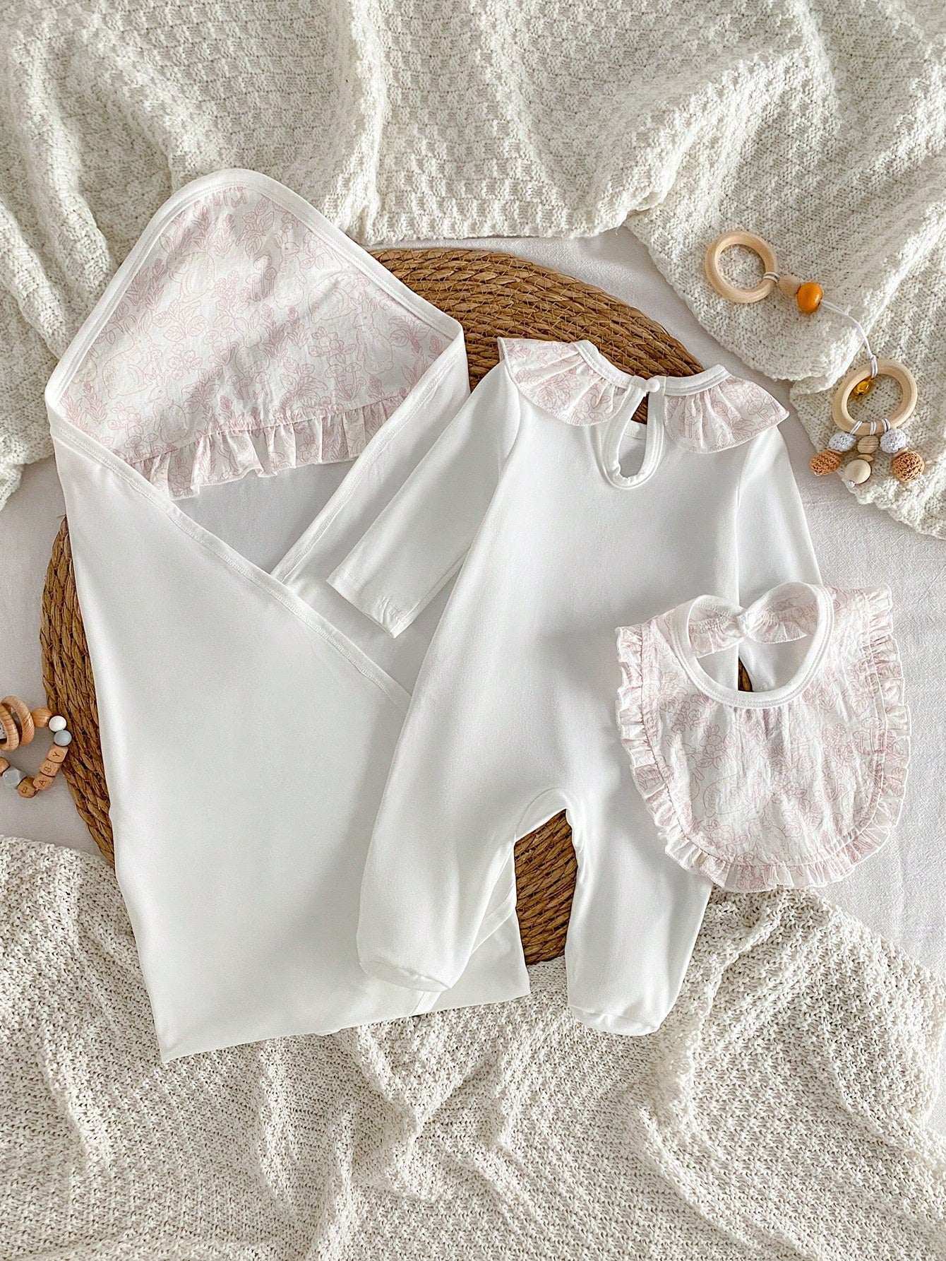 3pcs Baby Girls Floral Ruffle Collar Footed Sleepsuit Set - Ivory |...