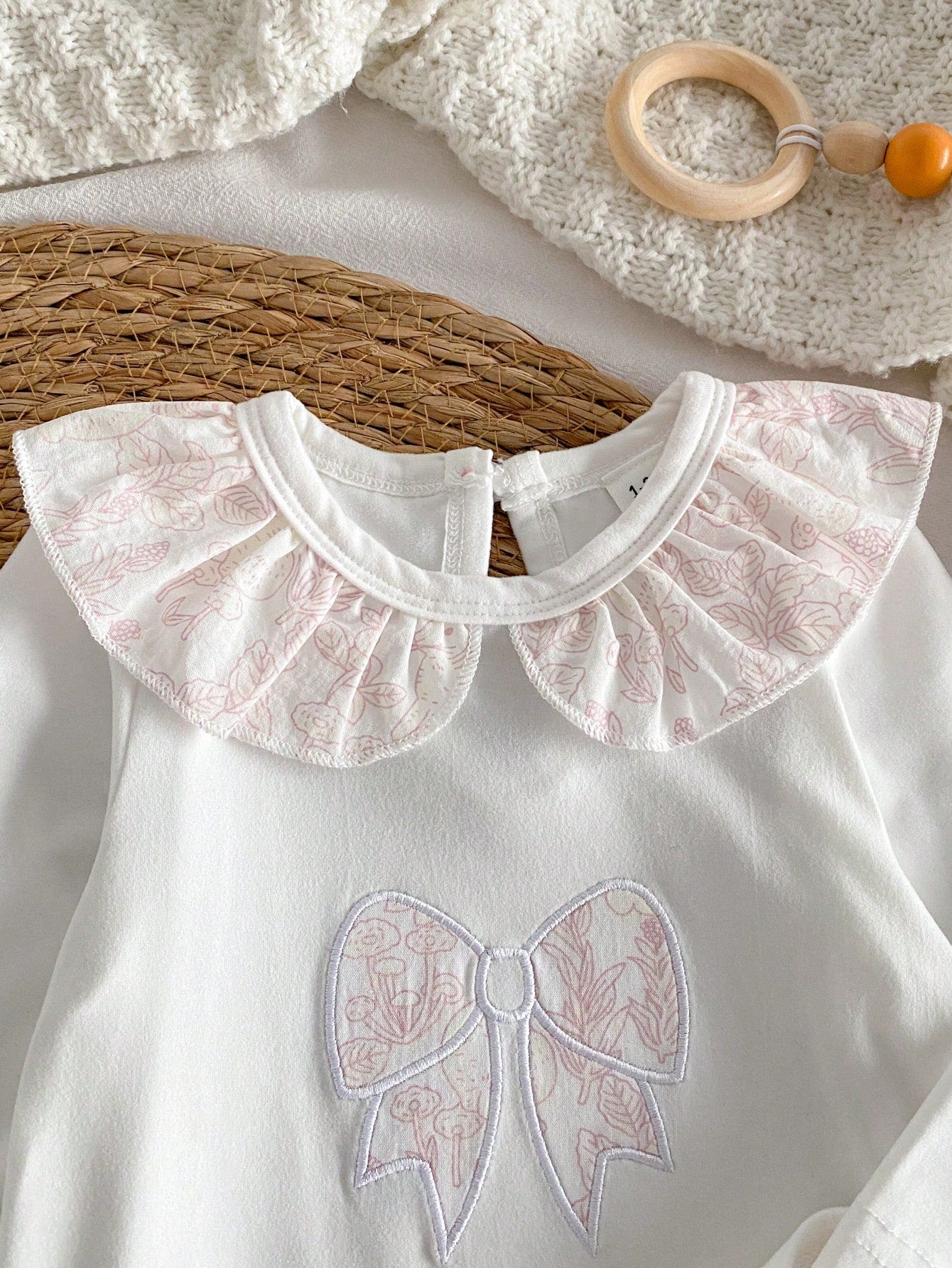 3pcs Baby Girls Floral Ruffle Collar Footed Sleepsuit Set - Ivory |...