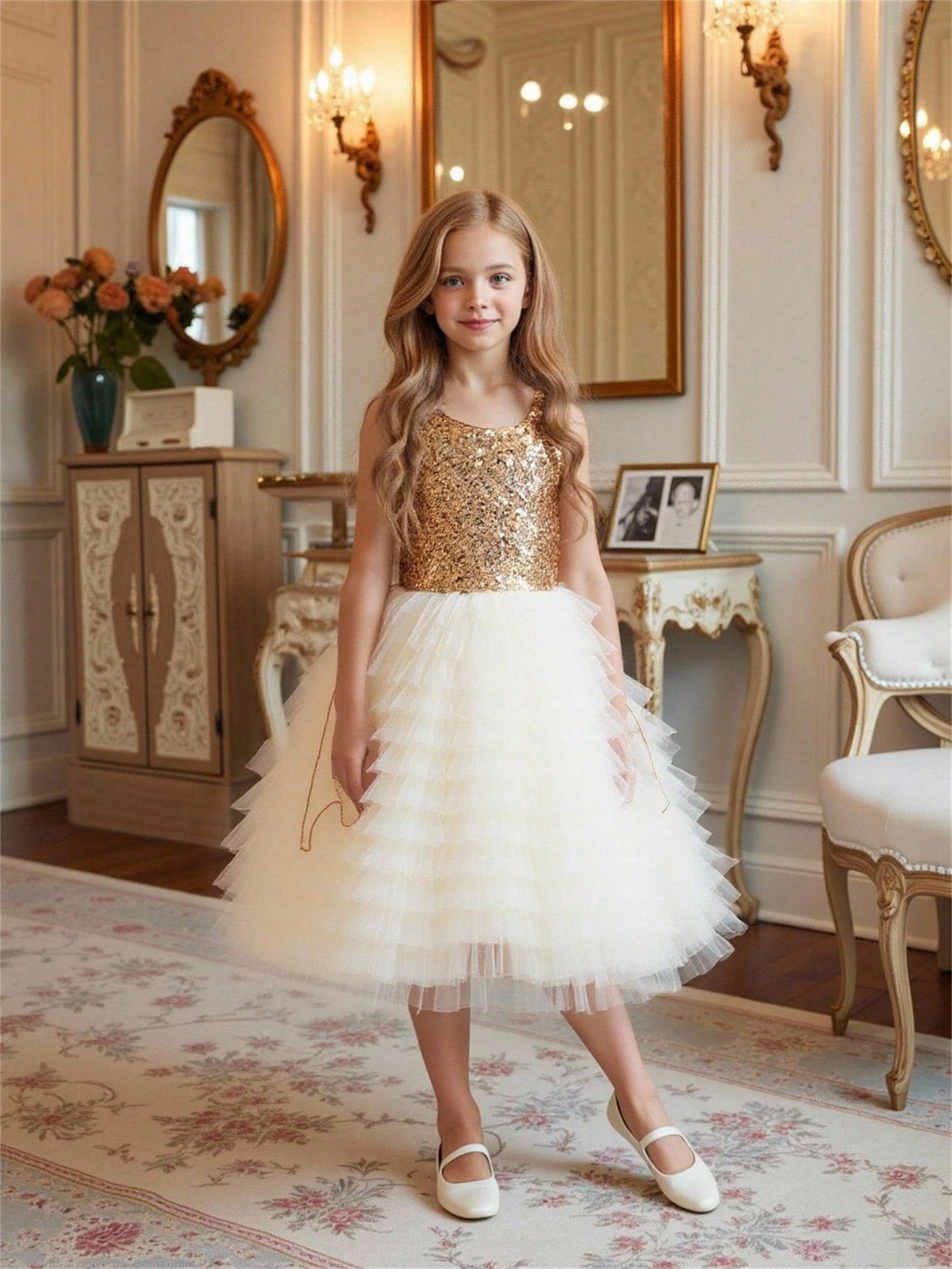 Big Girls Sequin Bodice Tiered Tulle Party Dress - Ivory | 21 Centu...