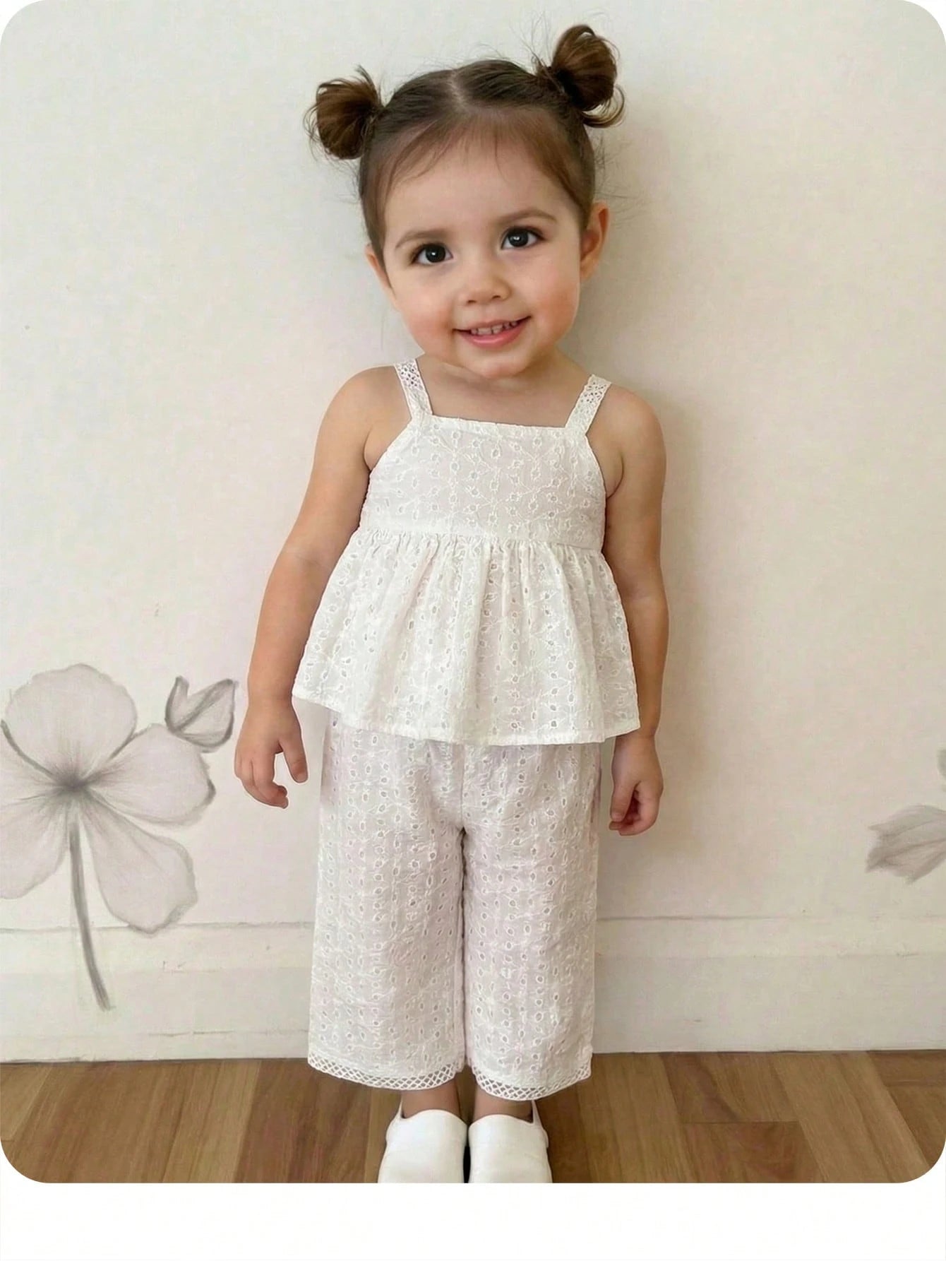 2pcs Girls Daisy Eyelet Cami Top & Wide-Leg Pants Set - Ivory | 21 ...