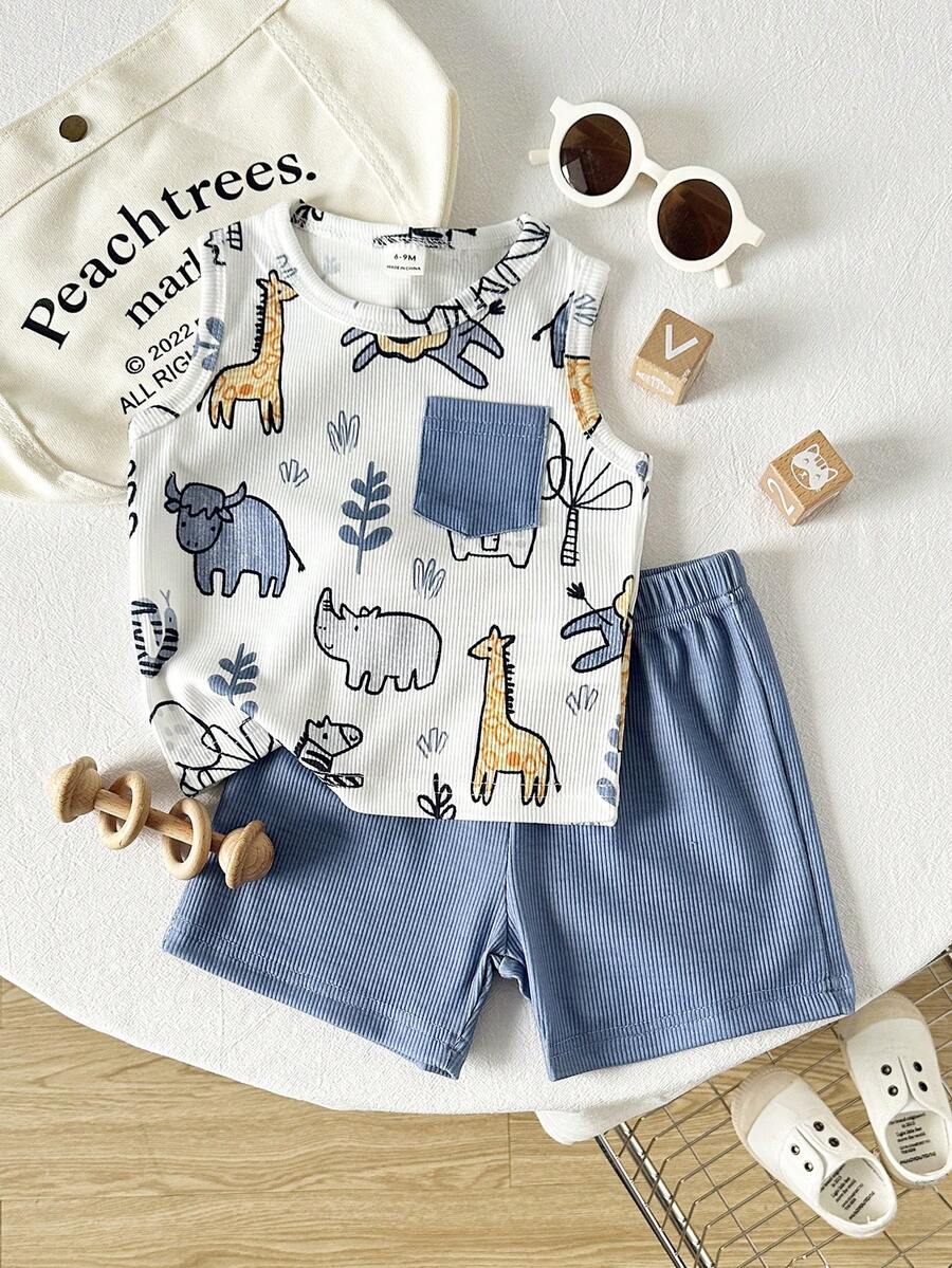 2pcs Baby Boys Safari Animal Print Tank & Shorts Set - Isabelline