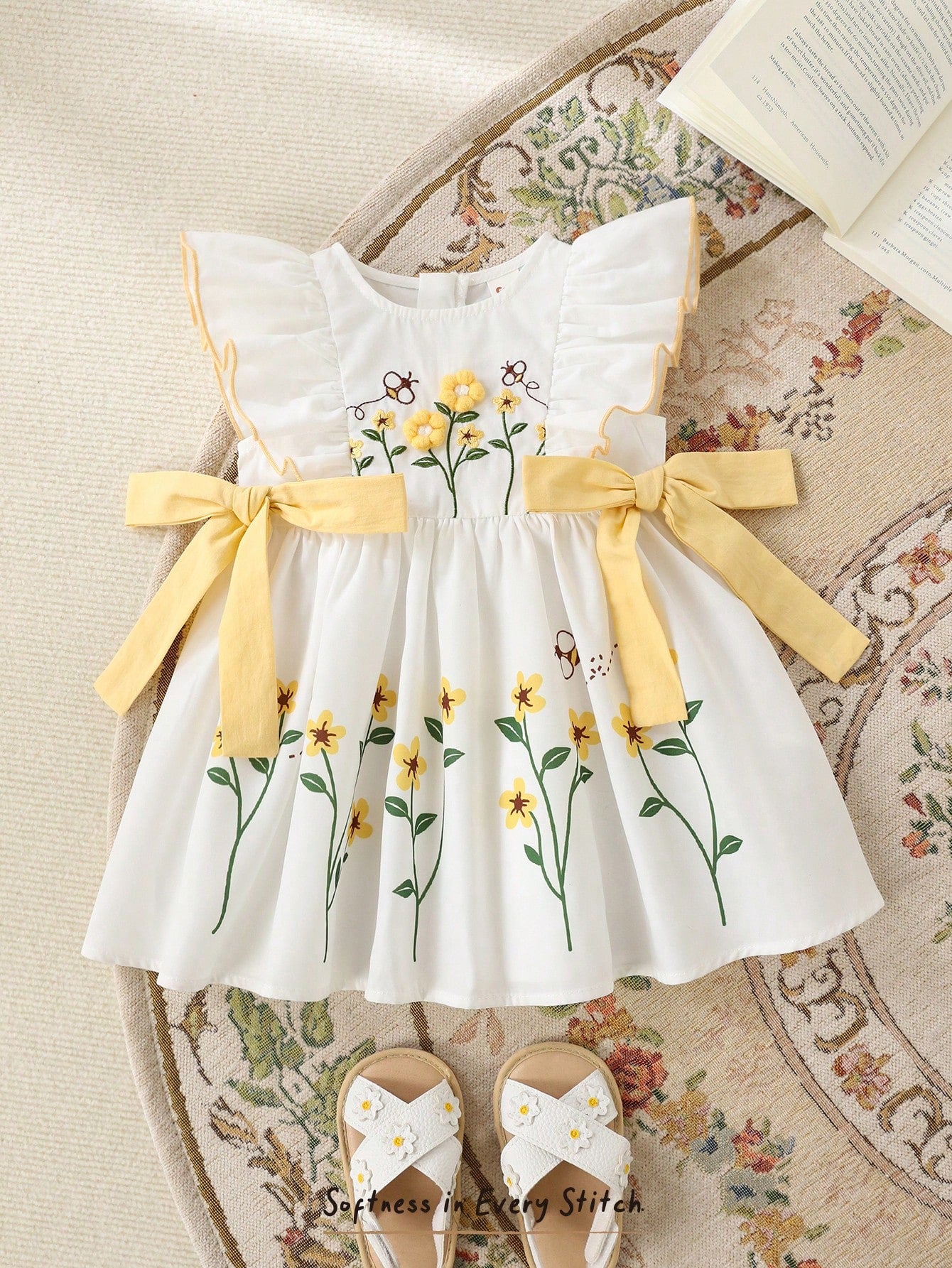 Girls Floral Embroidered Ruffle Sleeve A-Line Dress - Ivory | 21 Ce...