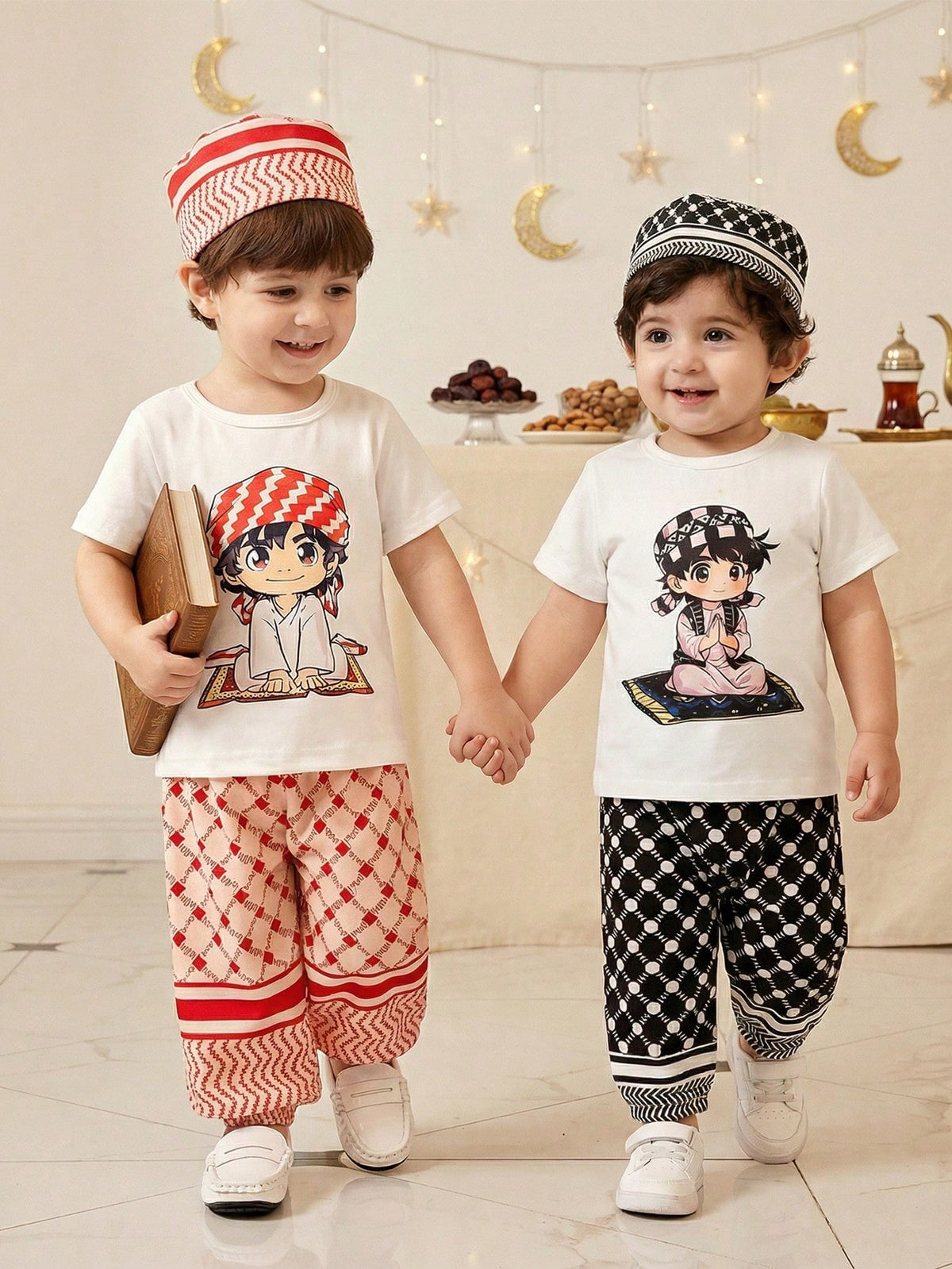 3pcs Boys Anime Prayer Print Tee, Keffiyeh Joggers & Cap Set - Ivor...
