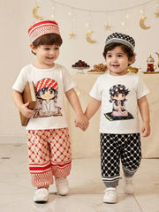 3pcs Boys Anime Prayer Print Tee, Keffiyeh Joggers & Cap Set - Ivor...